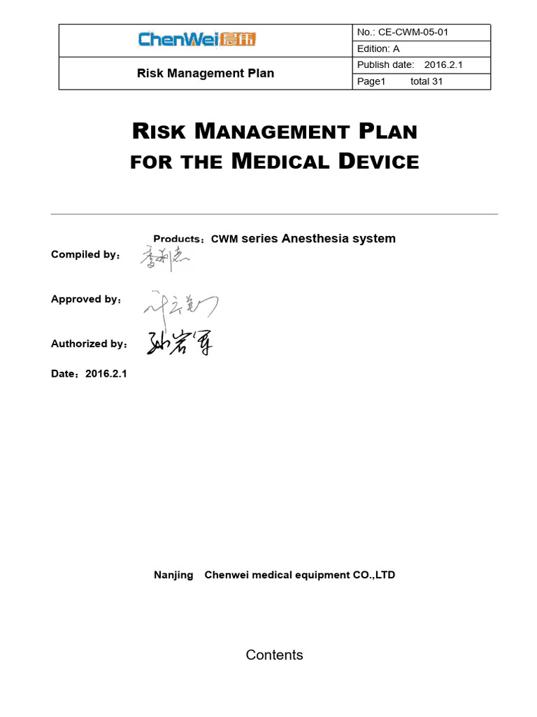Medical Device Risk Management Plan | PDF | Risk | Risk Management