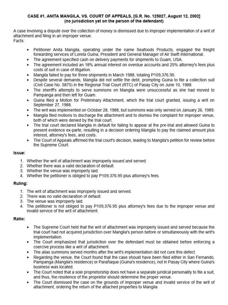 Writ of Attachment Cases Overview | PDF | Lawsuit | Certiorari