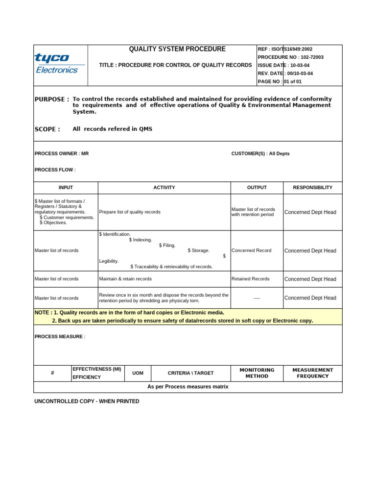 Quality Records Control Procedure | PDF | Quality Management System