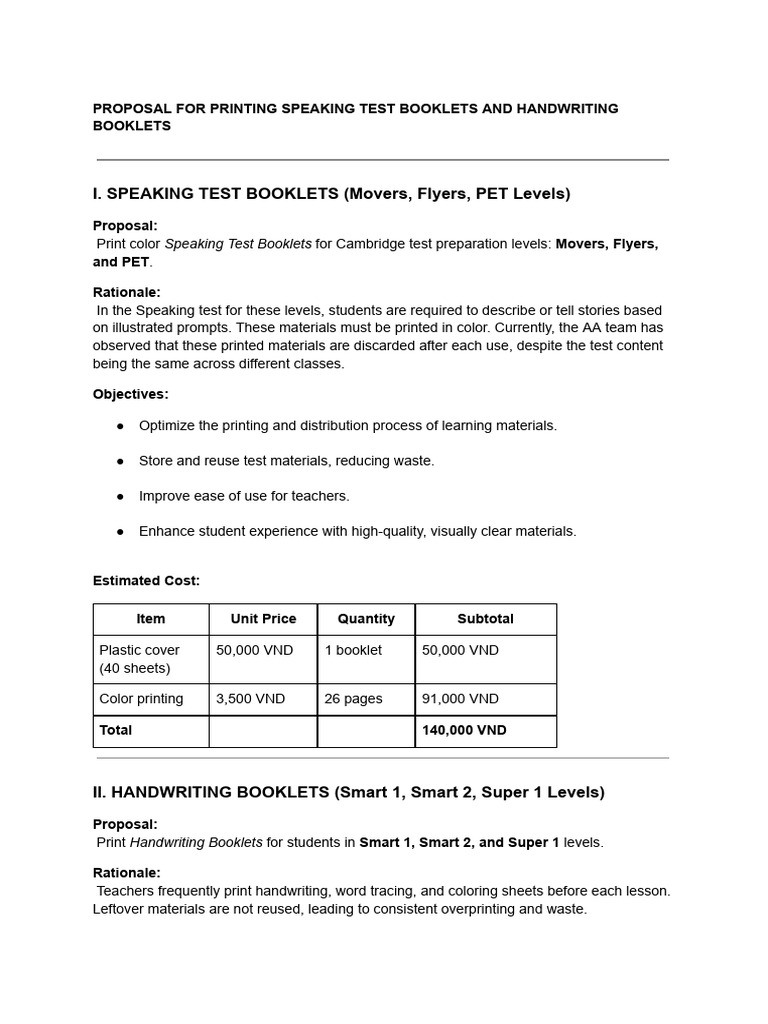 Printing Proposal for Test Booklets | PDF