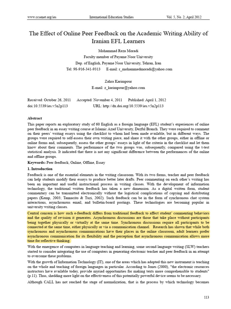 Effective Peer Feebback On The Academic Writing Ability of Iranian EFL ...