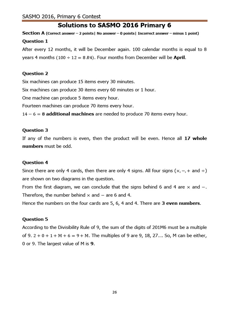 SASMO 2016 Primary 6 Contest Solutions | PDF | Area | Circle