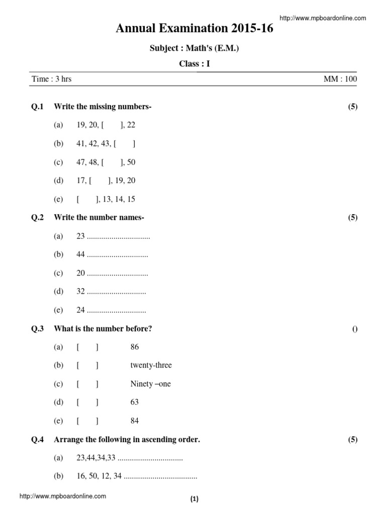 Class 1 Maths Exam Paper 2015-16 | PDF