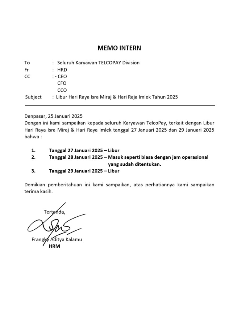 Memo Hari Raya Isra Miraj & Imlek Tahun 2025 | PDF