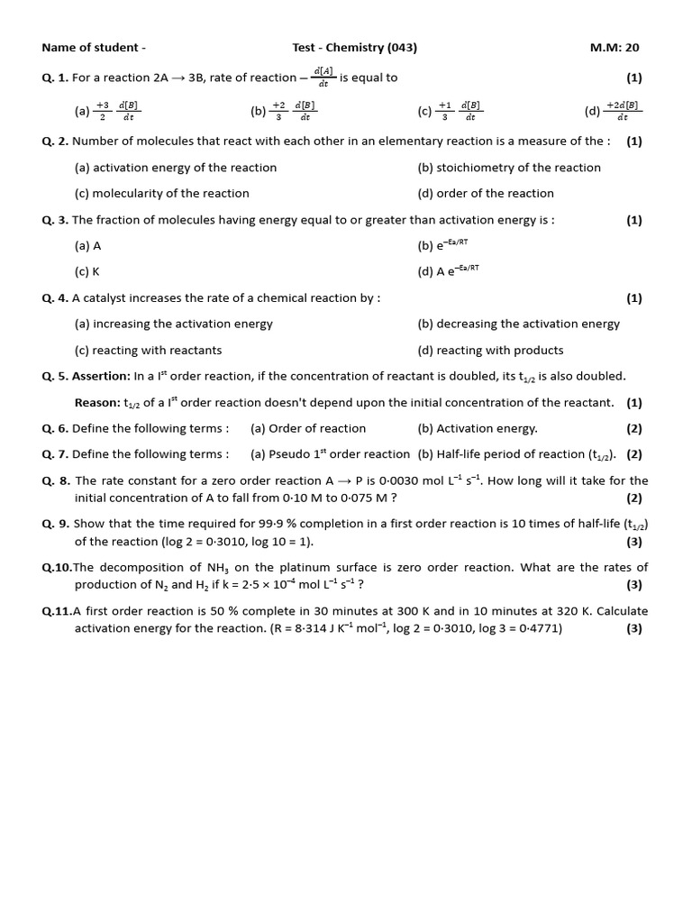 Chemistry Test Questions and Answers | PDF | Activation Energy ...