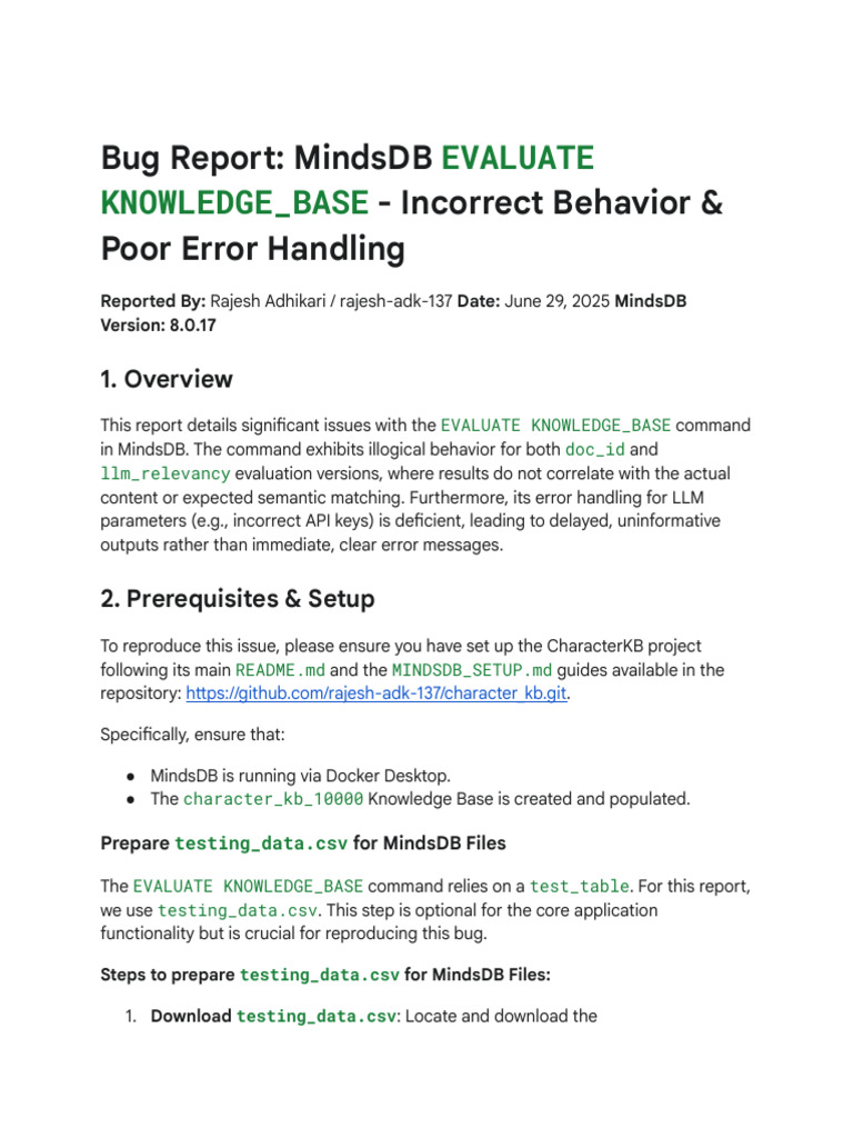 Bug Report - MindsDB EVALUATE KNOWLEDGE - BASE - Incorrect Behavior ...