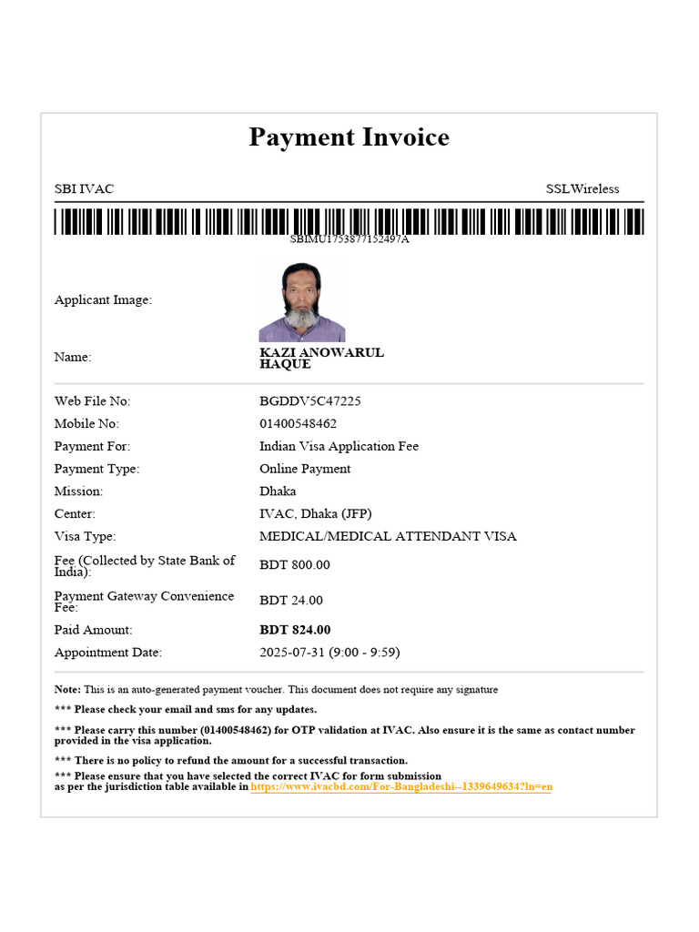 IVAC Payment Invoice for Visa Application | PDF