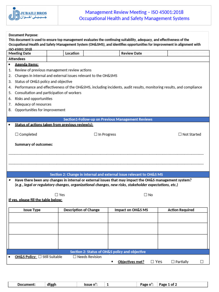 ISO 45001 Management Review Template | PDF | Occupational Safety And ...