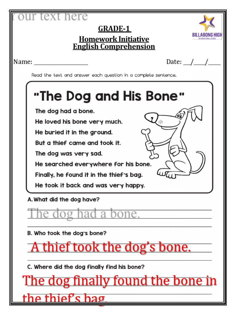 Grade 1 English Comprehension Worksheet | PDF