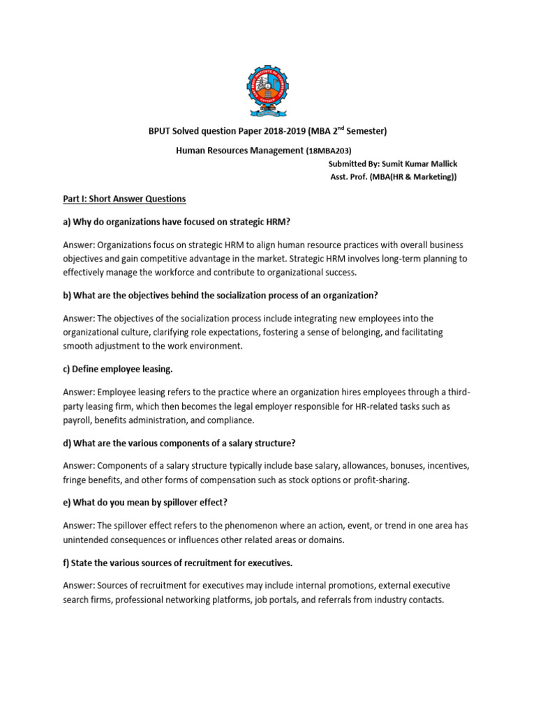 BPUT MBA HRM 2018-2019 Question Paper | PDF | Human Resource Management ...