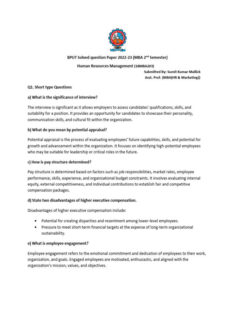 BPUT MBA HRM Question Paper 2022-23 | PDF | Cost Of Living | Human ...
