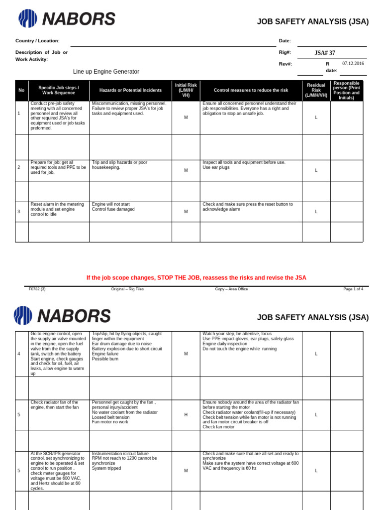 JSA for Engine Generator Operations | PDF | Electrical Engineering ...