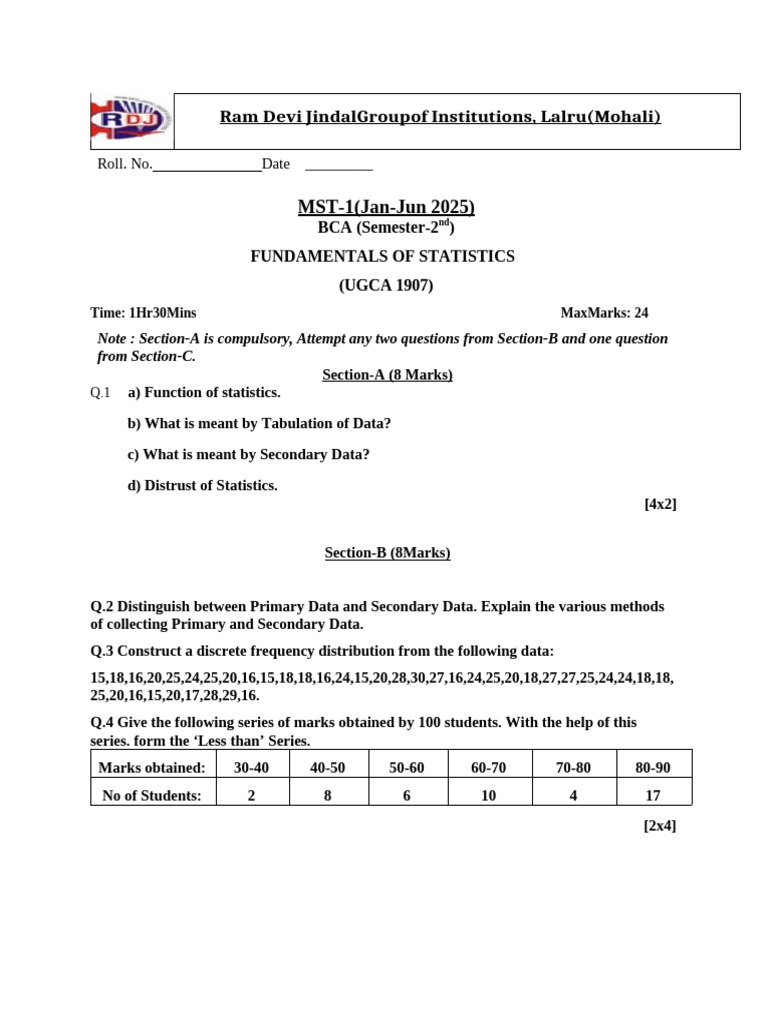 BCA Semester 2 Statistics Exam Paper | PDF | Applied Mathematics