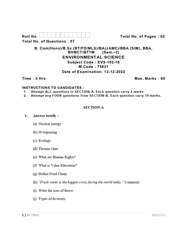 Class 1 EVS Question Paper & Answers | PDF