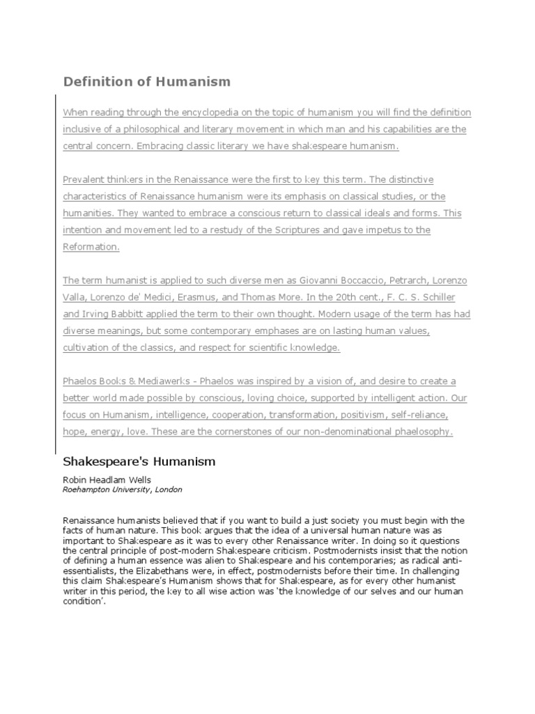 Definition of Humanism William Shakespeare Humanism