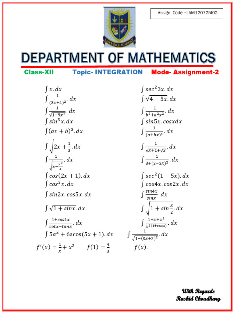 Class XII Integration Assignment Solutions | PDF