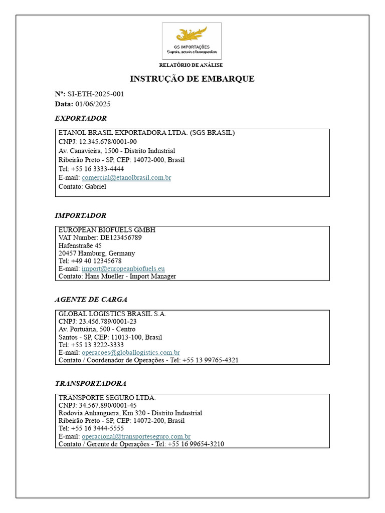 Instrução de Embarque: Etanol Brasil 2025 | PDF