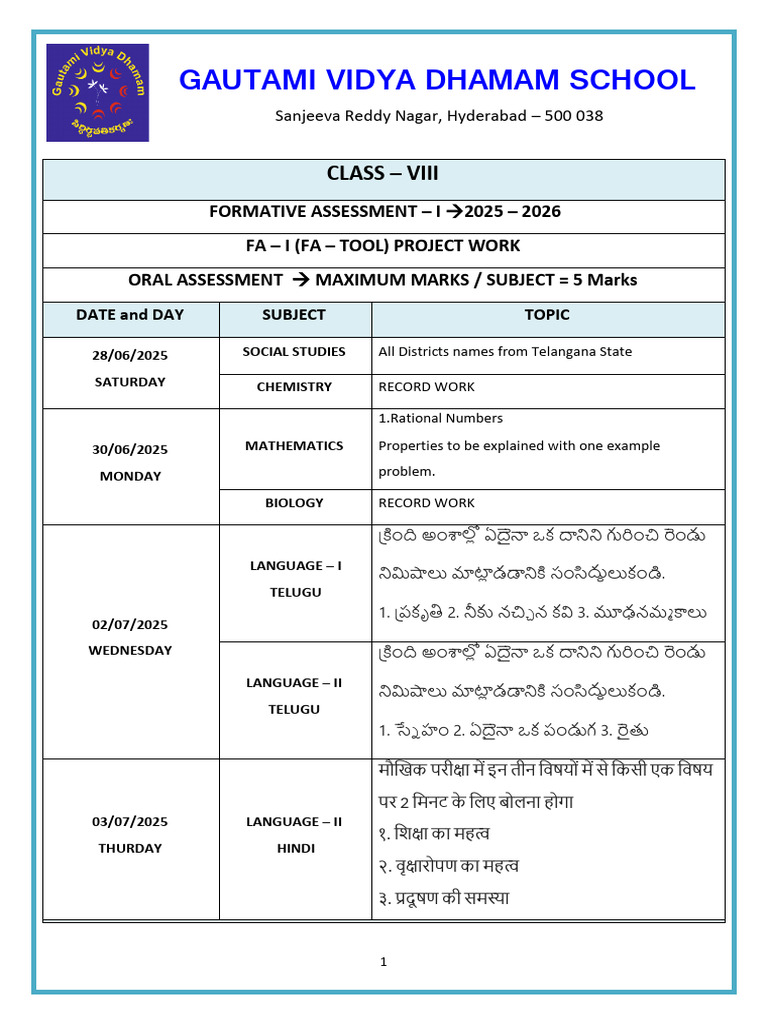 Class Viii Fa I Oral Assessment 2025 2026 Timetable Syllabus | PDF
