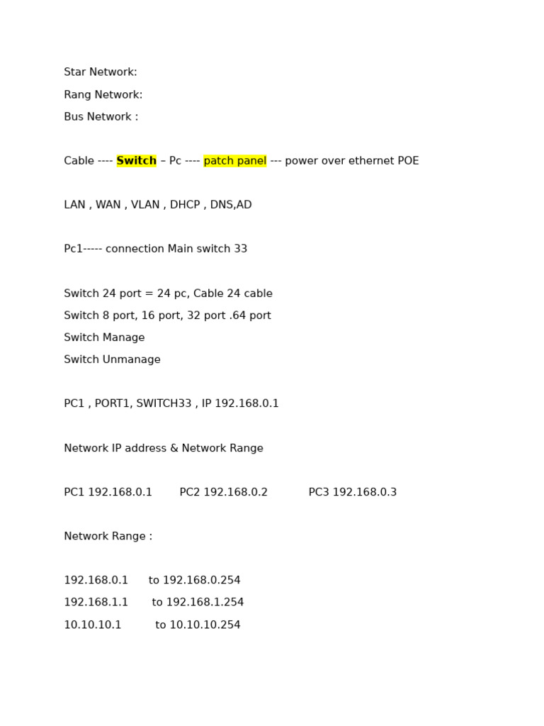 Network Configuration Guide: IPs & Switches | PDF
