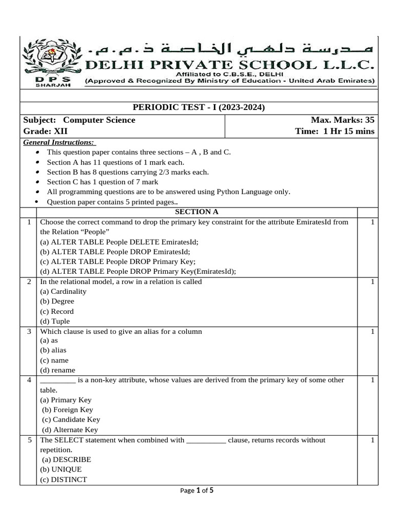 Computer Science Periodic Test XII 2023 | PDF | Computing | Software ...