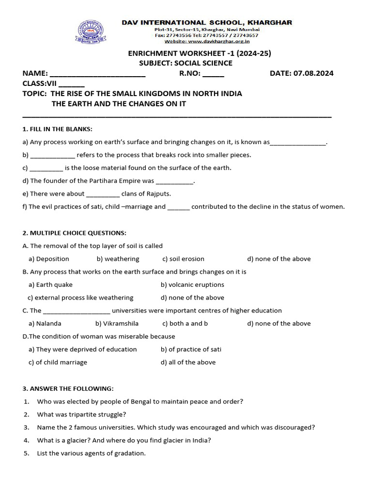 Class Vii Enrichment Worksheet 1 | PDF