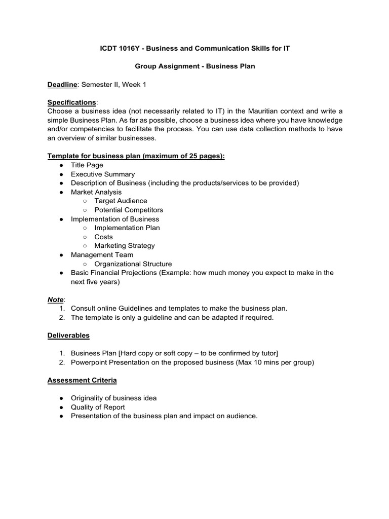 Business Plan Assignment | PDF