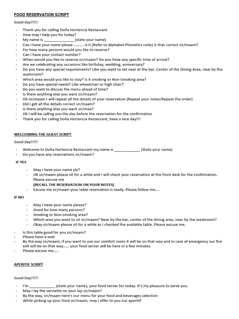 Food Reservation Script 1 | PDF | Food And Drink Preparation | Cooking
