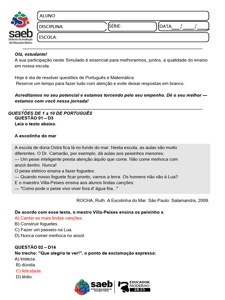 Simulado SAEB 2025: Questões e Respostas | PDF