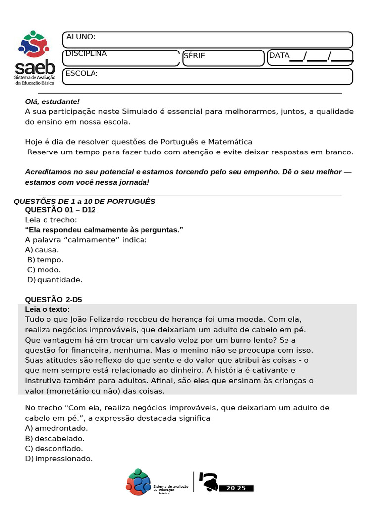 Simulado SAEB 2025 - 5º Ano | PDF