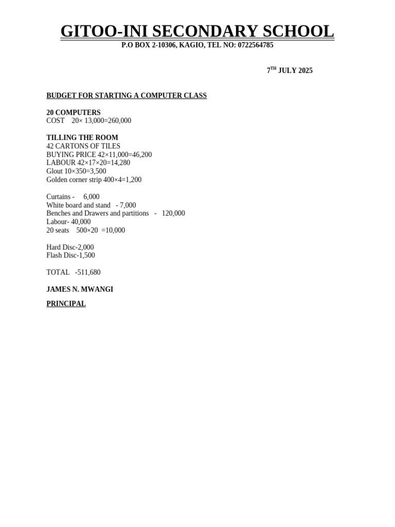 Computer Class Budget for GITOO-INI School | PDF