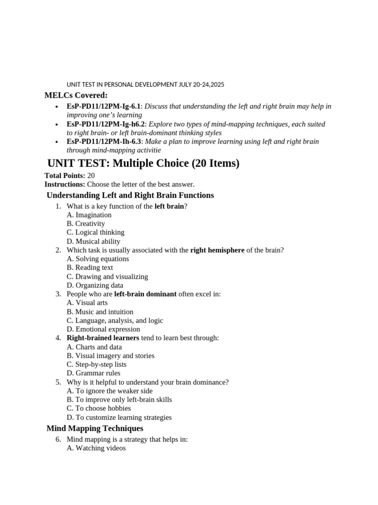 Unit Test: Left and Right Brain Learning | PDF | Lateralization Of ...