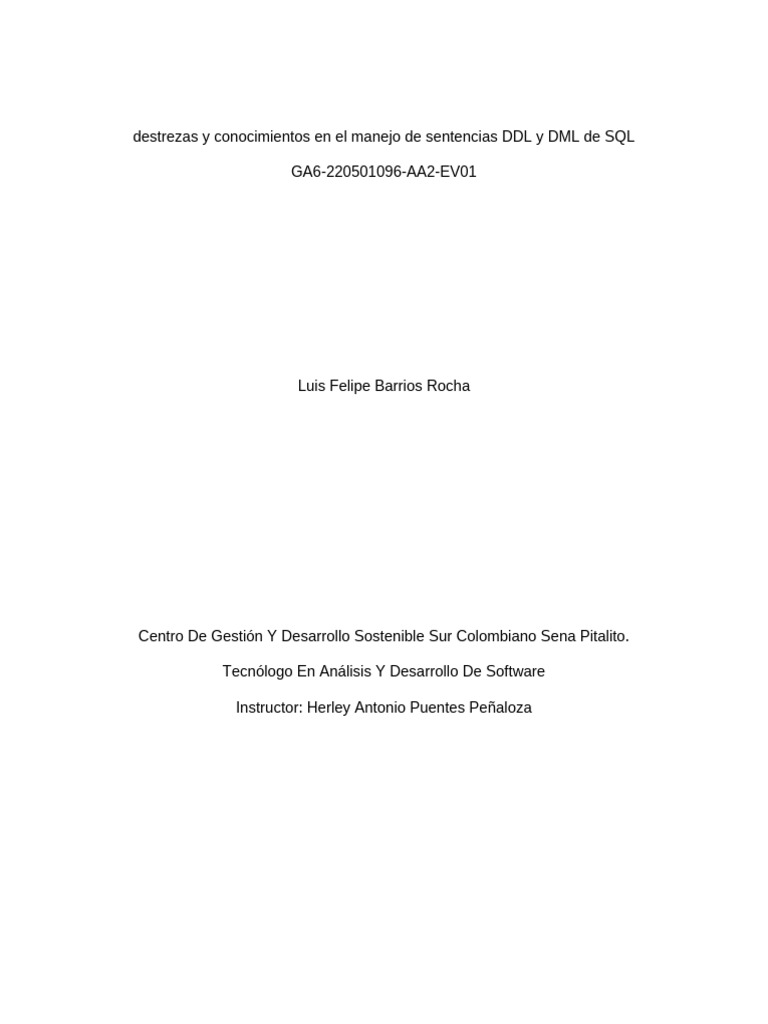 AA2-EV01 Manejo de Sentencias DDL y DML de SQL | PDF | SQL | Bases de datos