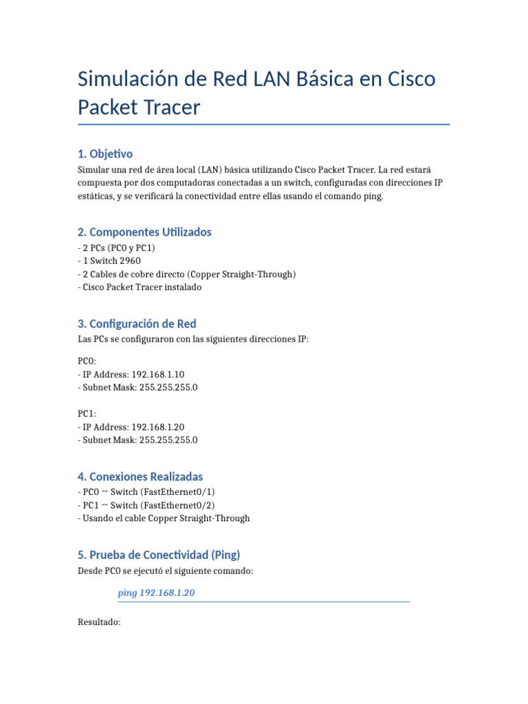 Simulación LAN Básica en Cisco Packet Tracer | PDF