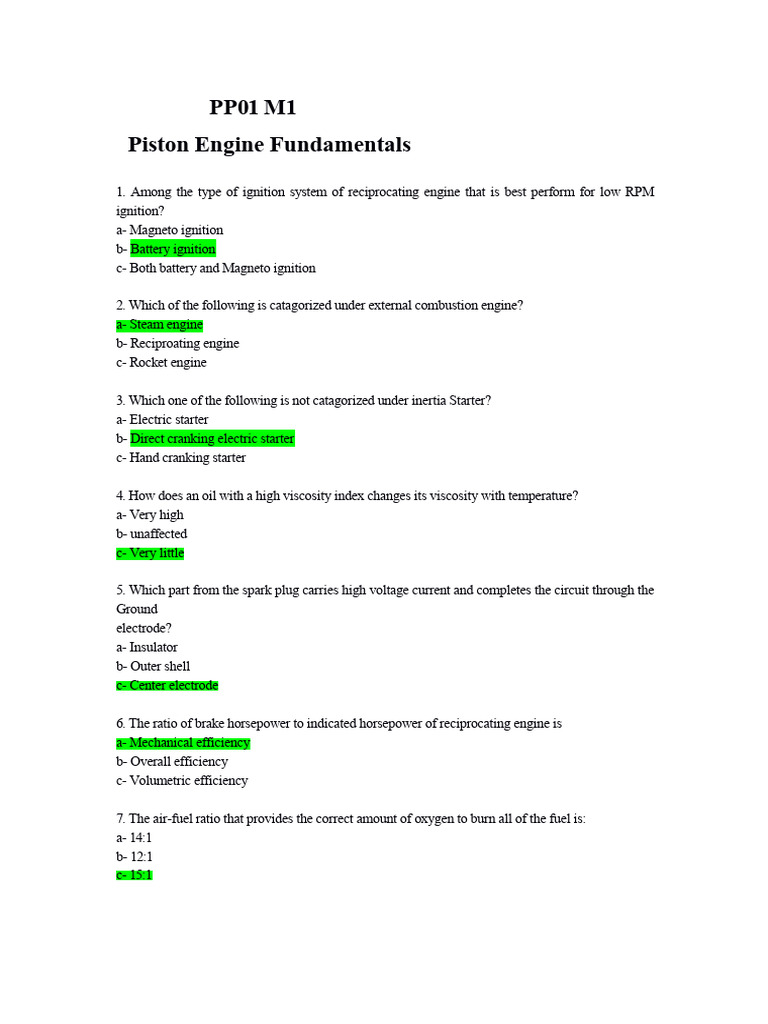 Piston Engine Basics Quiz Questions | PDF | Internal Combustion Engine ...