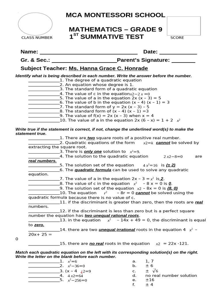 Grade 9 Quadratic Equations Test | PDF | Quadratic Equation | Factorization