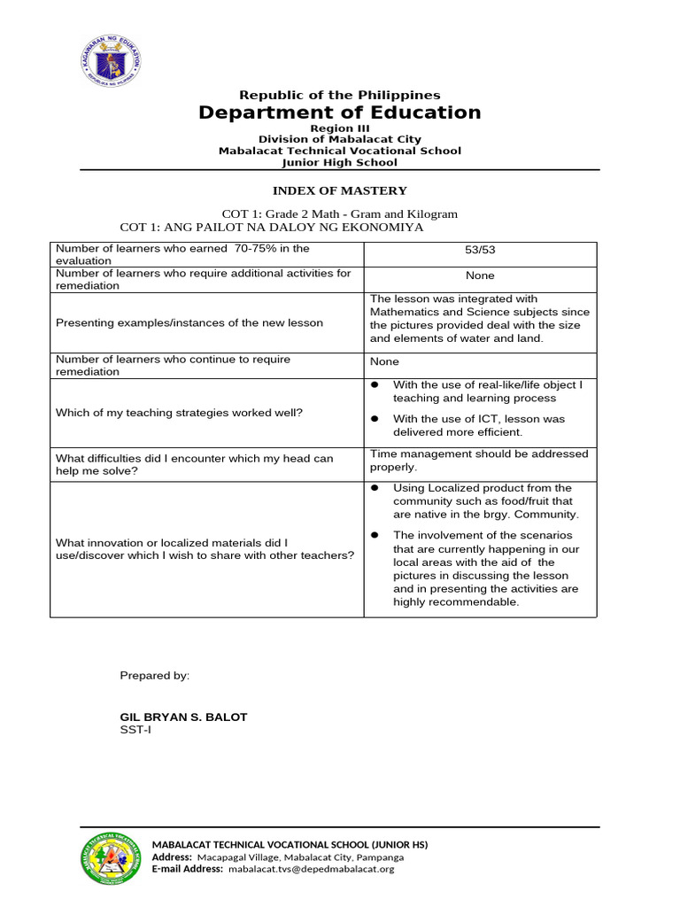 Lesson Plans with Index of Mastery | PDF | Learning | Cognition