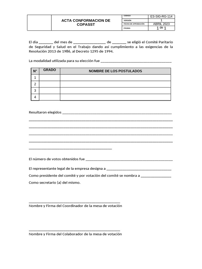 Acta de Conformación COPASST 2023 | PDF