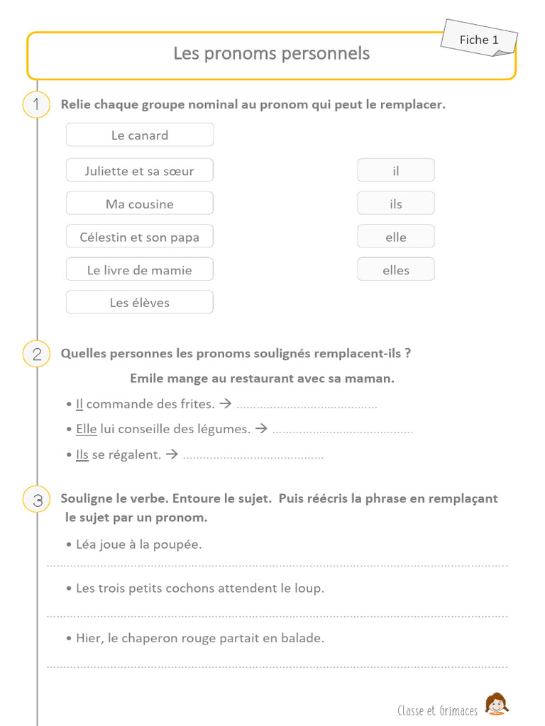 Exercices sur les pronoms personnels | PDF | Sujet (Grammaire ...