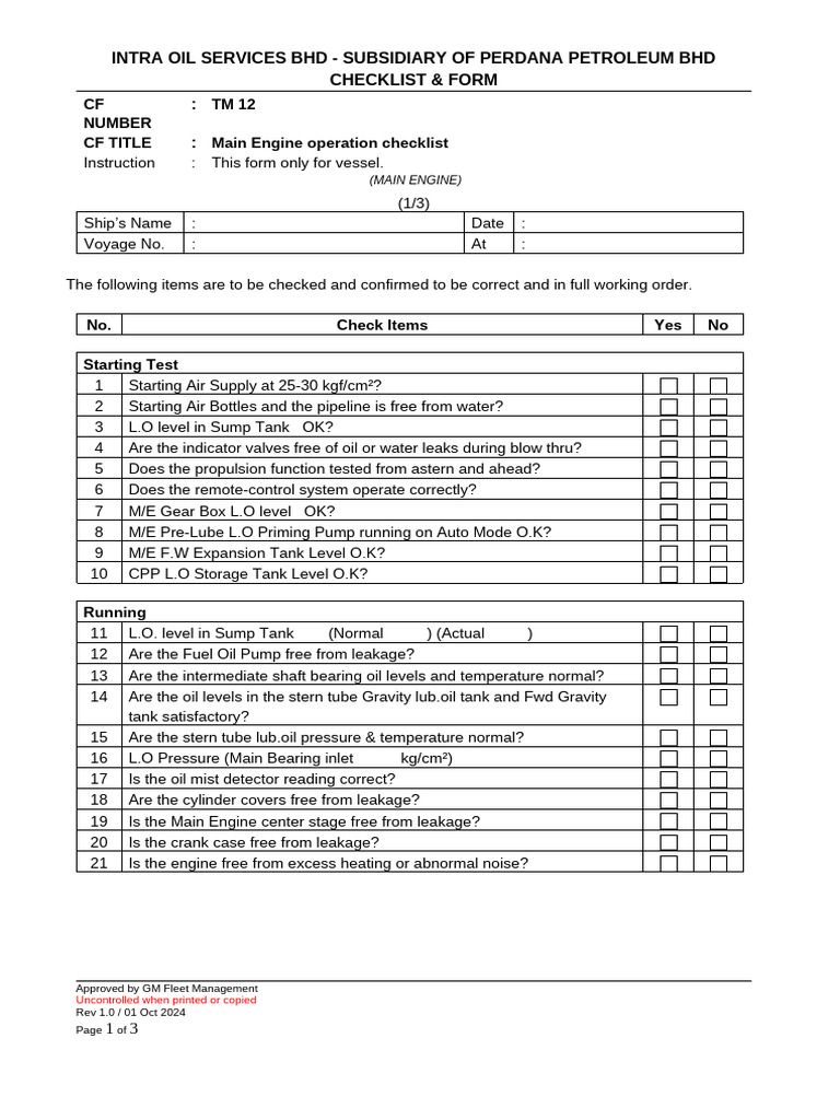 Main Engine Operation Checklist | PDF | Pump | Engines