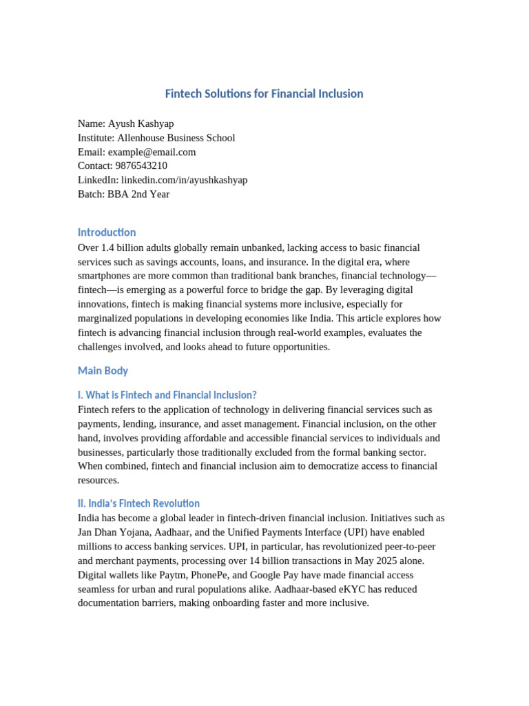 Fintech's Role in Financial Inclusion | PDF | Financial Technology ...