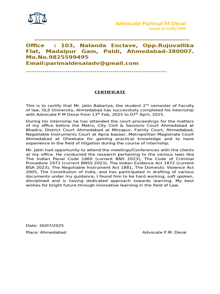 Internship Certificate for Law Student | PDF