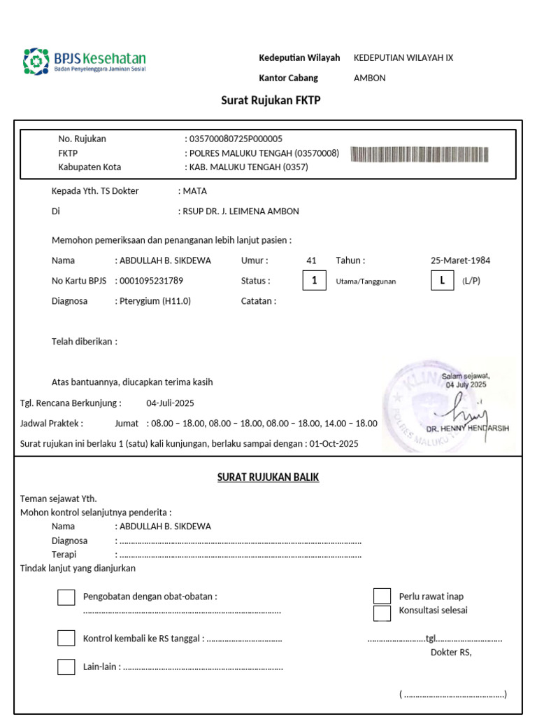 Surat Rujukan Medis Pterygium Ambon | PDF