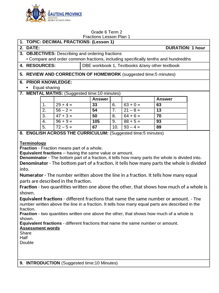 4 FOURTH LESSON PLANS Grade 6 Common Fraction Combined Checked | PDF ...