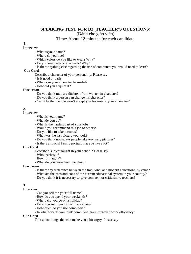 B2 Speaking Test Questions for Teachers | PDF | Online Shopping | Foods