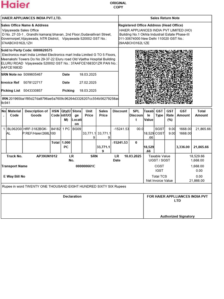 Haier Appliances Sales Return Note | PDF | Trade | Government Of India