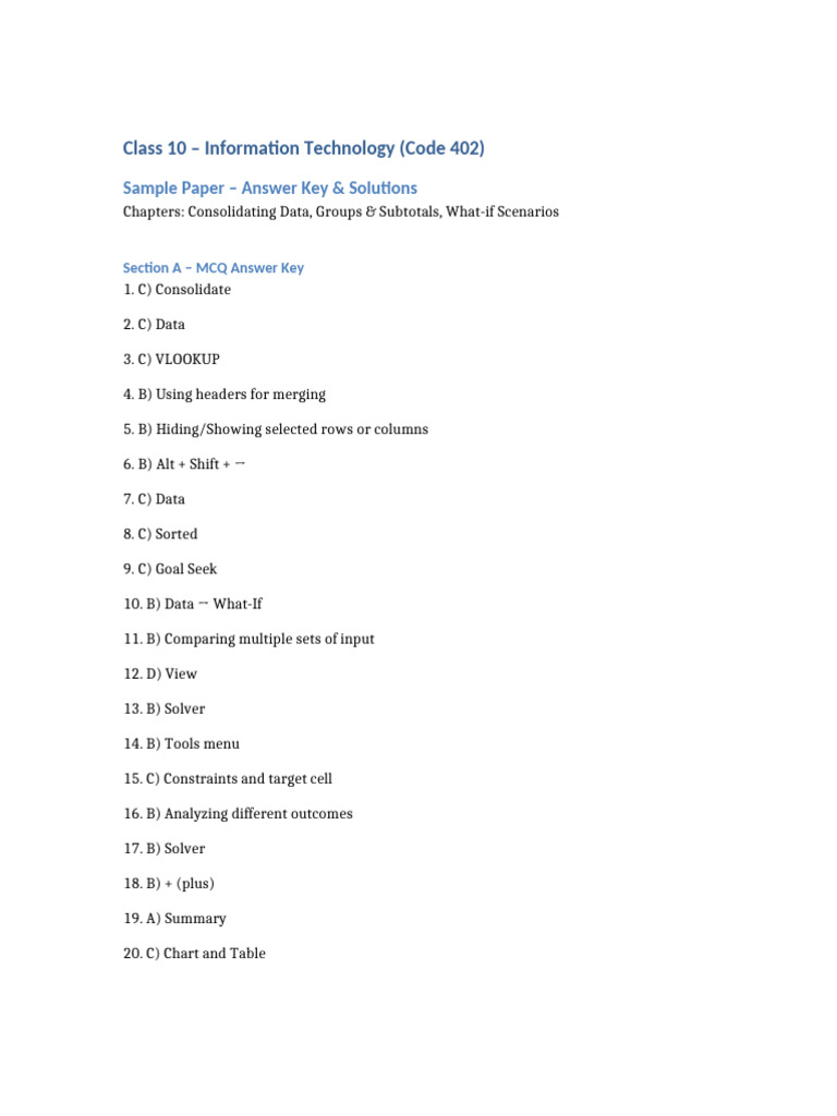 Class 10 IT Sample Paper Solutions | PDF