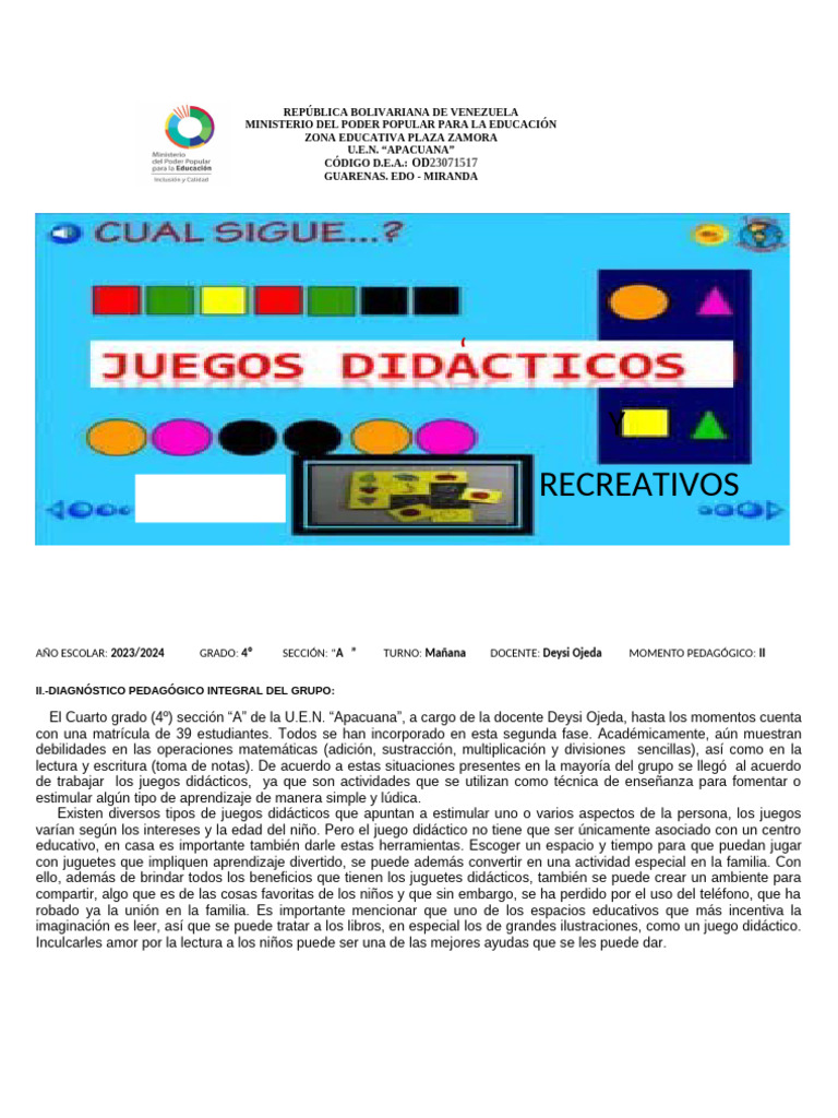 Juegos Didácticos para Aprendizaje Infantil | PDF | Aprendizaje ...