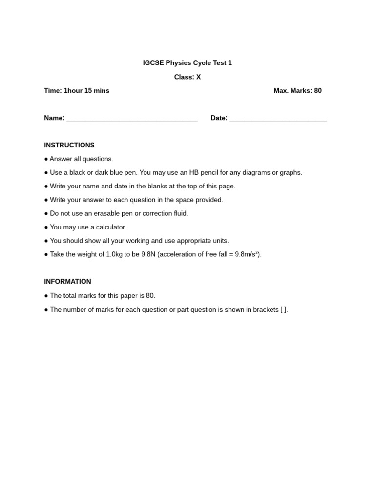 IGCSE Physics Cycle Test 1 Paper | PDF | Physical Quantities | Electronics