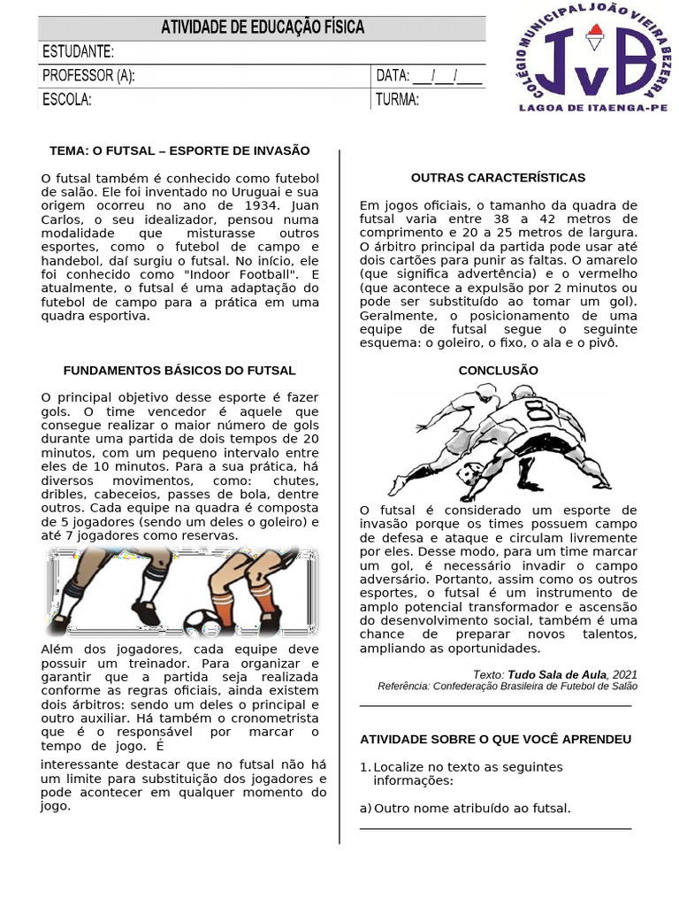 Futsal: Esporte de Invasão e Regras | PDF | Futebol | Futebol americano