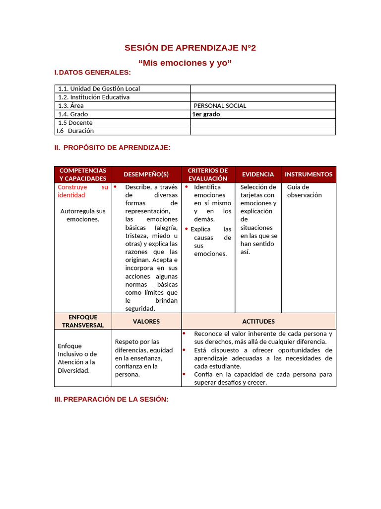 SESIÓN DE APRENDIZAJE "Mis Emociones y Yo" PRIMER GRADO PRIMARIA P.S ...